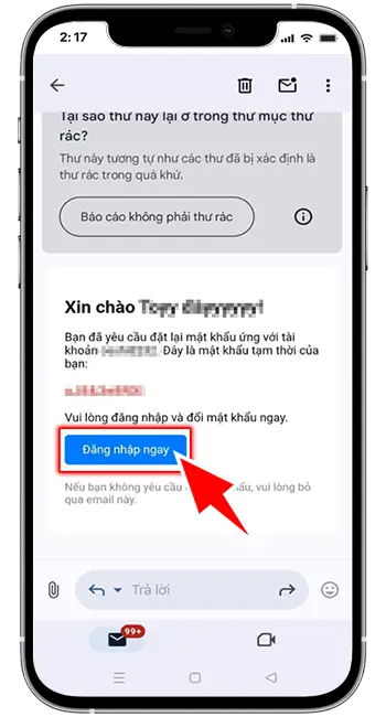 Bước 4: Kiểm tra tin nhắn trong mail đăng ký  để cập nhật lại mật khẩu mới của tài khoản